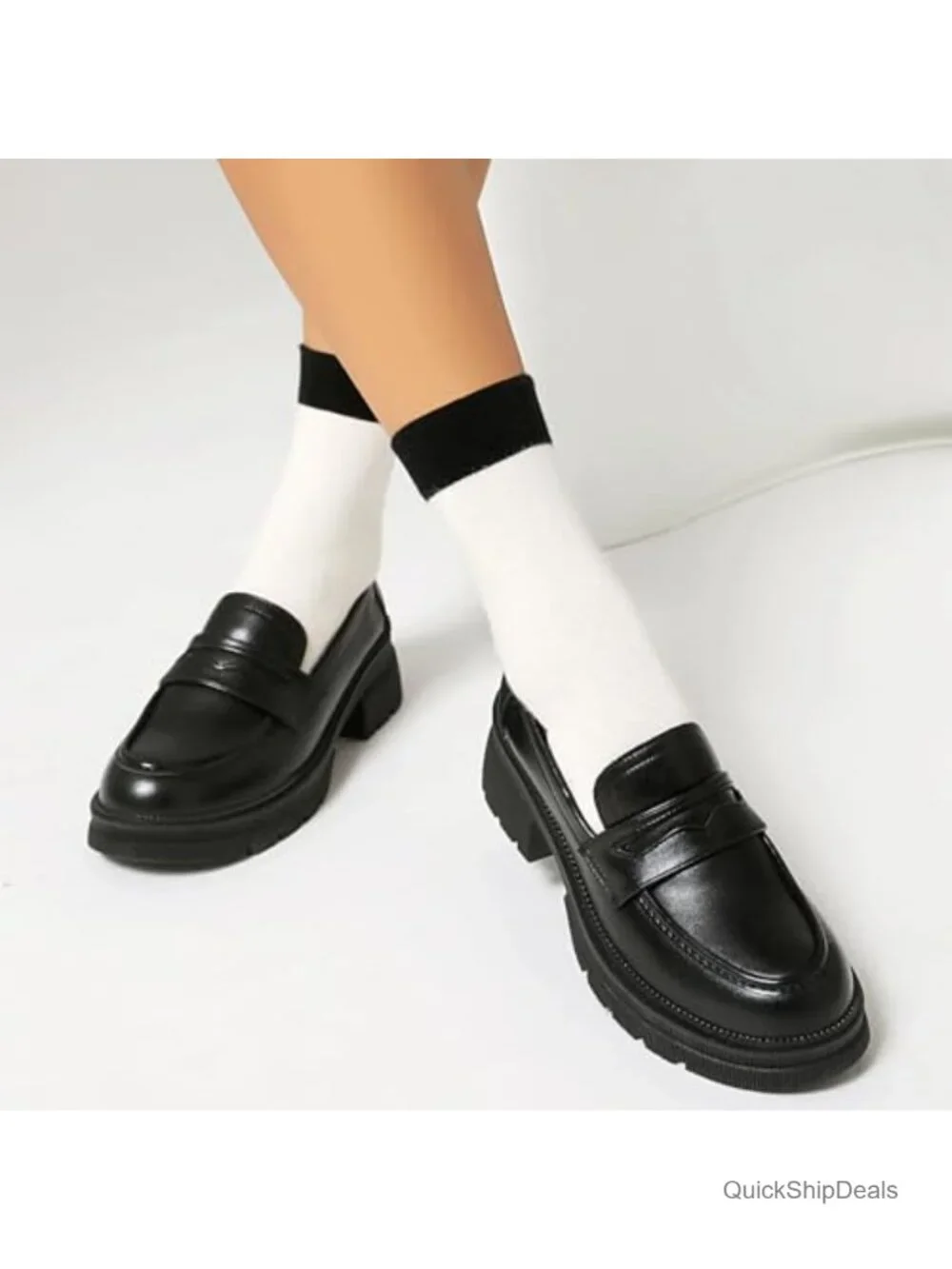 Patent Leather Chunky Platform Loafers for Women Slip-On Work Shoes